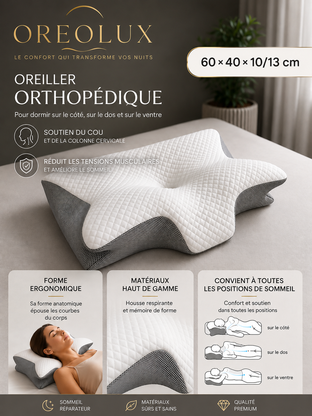 OREOLUX oreiller ergonomique dimensions 60x40cm - vue de face