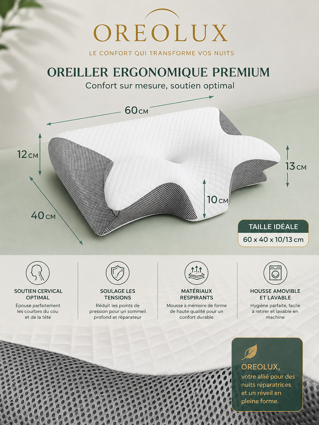 OREOLUX oreiller orthopédique housse amovible lavable - soutien cervical